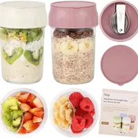 Soligt Overnight Oats Containers with Lids, Folding Spoons, and Divided Compartments for Fruit & Nuts, Small Glass 16oz Mason Jars for Oatmeal Yogurt Parfait Kitchen Utensils 2026 Canister Storage Portable Reusable Airtight Tin,sohochic