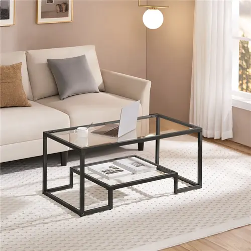 Yaheetech 42'' Modern Rectangle Black Coffee Table - Tempered Glass Living Room Center Table with Geometric Design, Metal Frame, Easy Assembly & Open Storage Shelf for Room Decor, Living Room Tables, Rectangular Table
