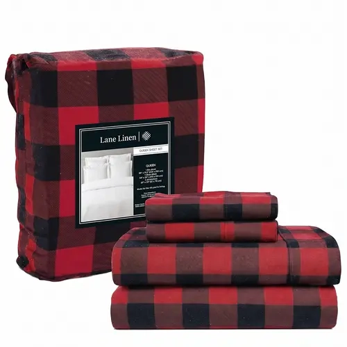 LANE LINEN 100% Cotton Flannel Sheet Set - Brushed Extra Soft Plaid Check, Anti-Pill, Deep Pocket - Warm Fall & Winter Bedding for Cold Sleepers, Cabins, Guest Rooms & Airbnb - Thanksgiving Gift for Him & Her