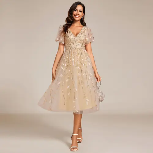 Ever-Pretty 2026 Spring dress,Short Sleeves Leaf Sequin A-Line Midi Formal Wedding Guest Dress,party dress 02230