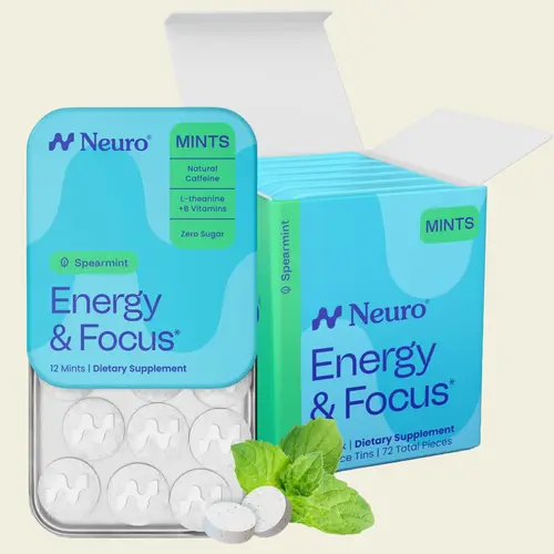 Neuro Spearmint Energy & Focus Mints (72 Pieces) - Sugar Free with Natural Caffeine, L-theanine, Vitamin B12 & Vitamin B6