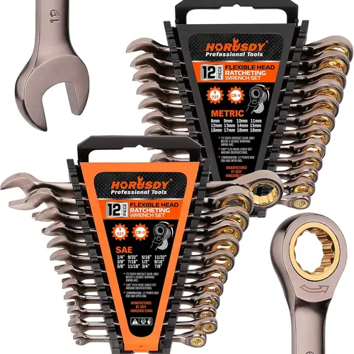 HORUSDY Ratcheting Wrench Set (12pc or 24pc) – 72-Tooth Chrome Vanadium Steel, 5° Quick Turns, High Leverage Longer Lever, 12+12 Size Range (Metric 8-19mm/SAE 1/4"-7/8"), Organizer Rack, Tools for Mechanics,toolupgrade