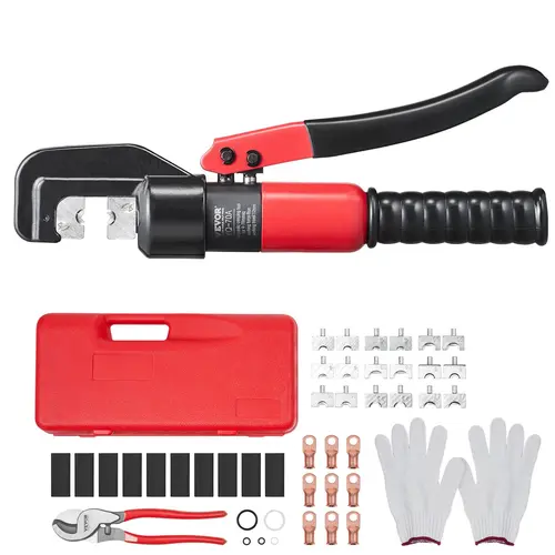 【toolupgrade】VEVOR Hydraulic Crimping Tool Kit - 0.43"/11mm Stroke Cable Crimper, Ergonomic Handle, Sturdy Work Tools, Copper-Aluminum Terminal Battery Lug Crimper with Cutting Pliers, Gloves, Copper Ring Connectors, Heat Shrink Sleeves, Effortless Crimp