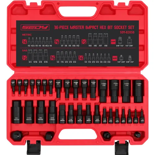 36-Piece Hex Bit Impact Socket Set with 4 Adapters 1/4" 3/8" 1/2" Drive SAE & Metric H5-H19 3/4"-5/64" Heavy Duty Storage Case for Automotive Mechanics - Tool Box, Christmas Gift