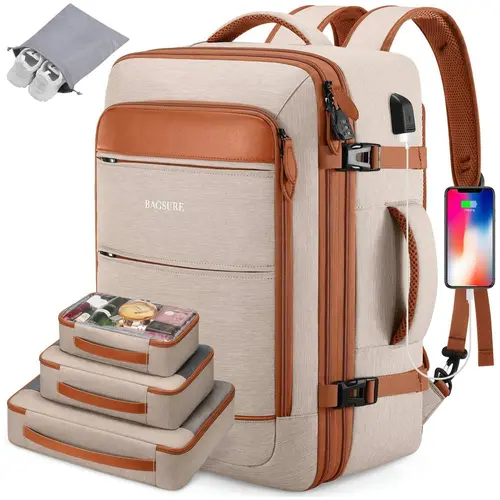 BAGSURE 42L Airline Approved Synthetic Travel Backpack - Heavy-Duty Waterproof Polyester Easy Carry Hand-Sized High Capacity Luggage, Hidden Straps, 3 Packing Cubes, 17" Laptop Compartment, Double Zipper, TSA-Friendly EDC Gear for Adults, High C