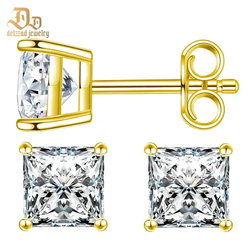 Delzzad S925 Princess Cut Studearrings D Color VVS Synthetic Moissanite Unisex Earrings Jewelry Engagement Wedding Anniversary Christmas Gift for Men Women