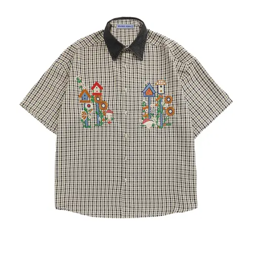 AELFRIC EDEN Men's Casual Plaid Shirt, Short Sleeve Loose Fit Streetwear Button Down with Birdhouse Embroidery and Contrast Collar, Male Clothing,back to school,back to school shopping,sohochic