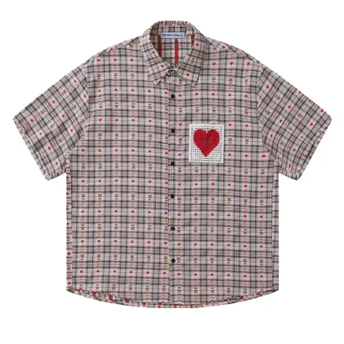 Aelfric Eden Men's Cotton Plaid Short-Sleeve Button-Down Collar Shirt - Basics, Wardrobe Staples, Brand Logo, Dropped Shoulder, Unisex Cut-Out Heart, Loose Oversized, Casual Summer Streetwear Top, Thanksgiving Fabric, Streetwear Clothing,sohochic