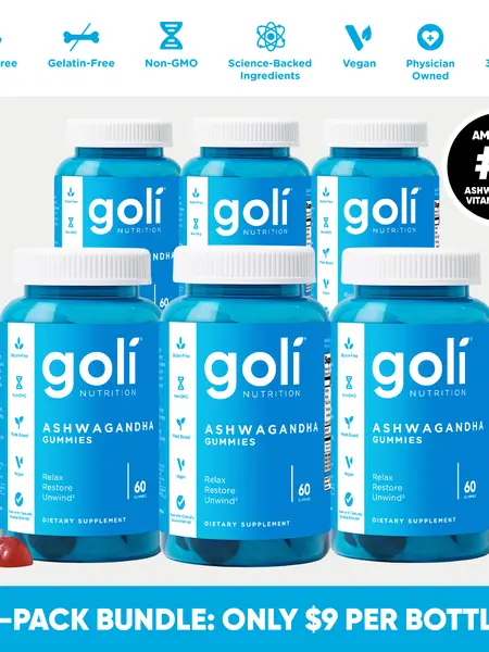 6 Bottles of Goli Ashwagandha & Vitamin D Gummy - Mixed Berry, KSM-66, Vegan, Plant Based, Non-GMO, Gluten & Gelatin Free