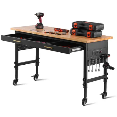 VEVOR 60" Adjustable Workbench,  1500 lbs Load Capacity, Work Bench with Drawer Storage, Power Outlet, Wheels, and Pegboard, Heavy Duty Oak Wood Top Work Table for Garage, Workshop, Office, and Home