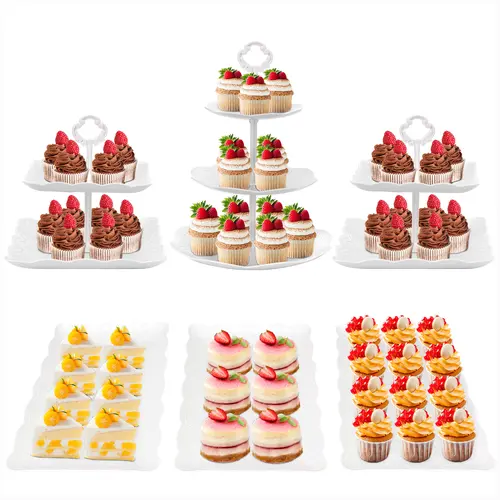ZUMELER Lightweight White Plastic 6pc Cupcake Stand Set - 3-Tier & 2-Tier, Round & Rectangular Shapes, Universal Kitchen Cupcake Holder, Tension Mount Home Organizer Storage Rack, Party Decoration