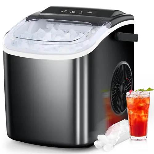 COWSAR Ice Maker Countertop, Stainless Steel Portable Ice Maker Machine with Self-Cleaning, 26.5lbs/24Hrs, 6 Mins/9 Pcs Bullet Ice, Perfectly for Home Use, Gift