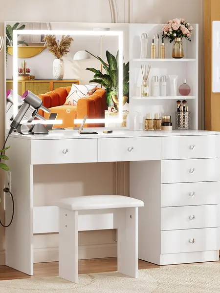 VOWNER Vanity with Lighted Mirror - 47" Makeup Vanity Desk with 7 Drawers, 3 Storage Shelves and Outlet, 3 Color Lighting Modes with Adjustable Brightness, Makeup Desk with Stool for Bedroom, White