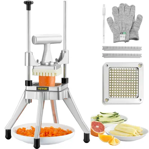 【toolupgrade】VEVOR Commercial 1/4" 420J2 Steel Blade Heavy Duty Food Chopper - Hand Operated Kitchen Gadget with Stable Nonslip Base, Dicing Kit, Vegetable Cutting Slicer for Potato, Tomato, Mushroom - Stainless Steel Utensil Resists Daily Wear