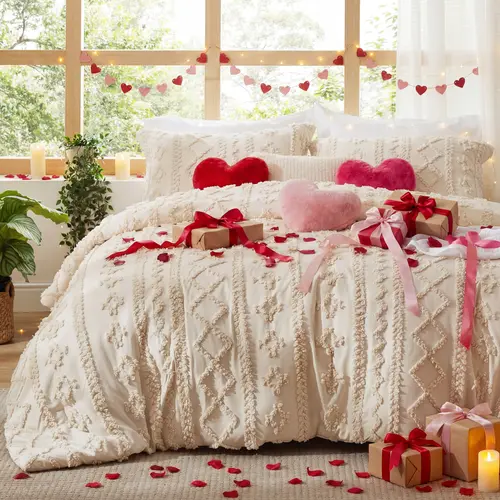 Bedsure Tufted Boho Comforter Set, GentleSoft 3 Pieces Farmhouse Shabby Chic Embroidery Bedding, Oversized Bedding, Soft Jacquard Comforter for All Seasons, Bed Set,sohochic