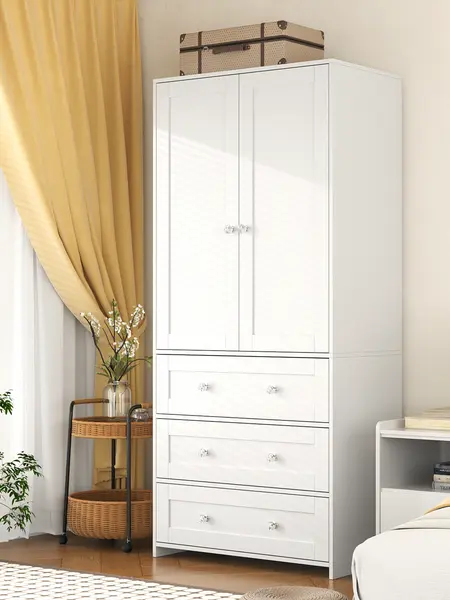 【Assembly Video Available】VOWNER 71" High Freestanding Wardrobe with 3 Drawers, With Hanging Rod, Bedroom, Living Room, White Storage Closet Cabinet Modern Wooden Armoires, SohoChic