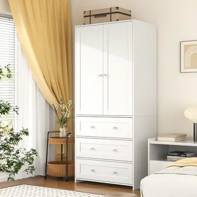 【Assembly Video Available】VOWNER Freestanding Wardrobe, 71" High Bedroom Wardrobe with 2 Doors and 3 Drawers, With Hanging Rod, #SohoChic