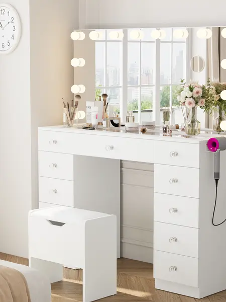 VOWNER Vanity with 10×Magnifying Mirror, With Glass Top & Power Outlet, 3 Color Light Options, 43" Vanity Table with 11 Drawers&Stool, Bedroom, White