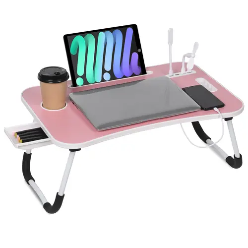 WGCTEK Laptop Bed Desk, Portable Foldable Laptop Table, Lap Desk Tray Table with 4 USB Ports, Storage Drawer and Cup Holder, for Bed/Couch Working, Reading - Black/White/Pink/Walnut
