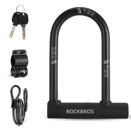 ROCKBROS Bicycle U-Lock with Lock and Key - Steel Carbon Construction, C Grade Anti-Theft Protection, Bicycle Safety Accessory, Convenient Mounting Bracket, 2 Keys, Black