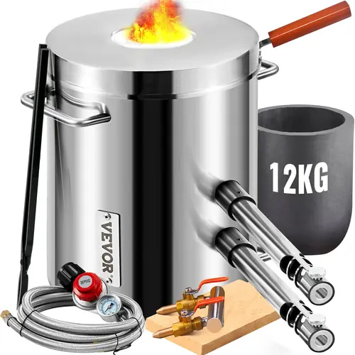 【toolupgrade】VEVOR 12kg Large Capacity Stainless Steel Propane Melting Furnace Kit with Double Burners, Crucible, Tongs, Adjustable Regulator, Integrated Cover, Secure Cover Handle, Patent Tech, High Heat Efficiency for Blacksmithing, DIY Projects, Metal