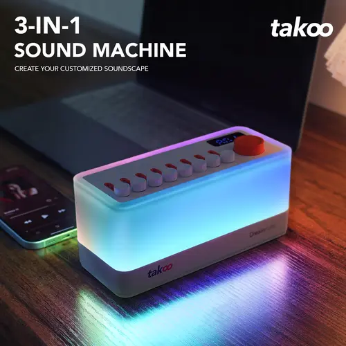 TAKOO 3-in-1 Portable Bluetooth Speaker with Audio, Adjustable 11 Breathing Lights & Sleep Aid - 8 Mixable Nature Sounds, White/Brown/Pink Noise, 180-Min Timer for Sleep, Travel, Office Use