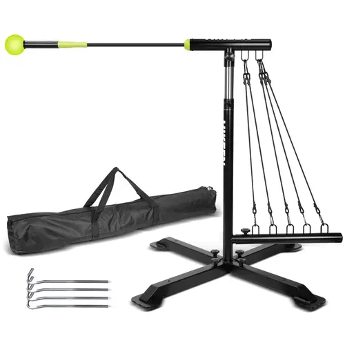 Hikeen Baseball Swing Trainer - Baseball/Softball Accessories, Training Equipment with Elasticity Bands, Adjustable Height, 5-Tier Resistance, Ground Anchors, Carry Bag, Enhance Hitting Skills, Improve Swing Technique