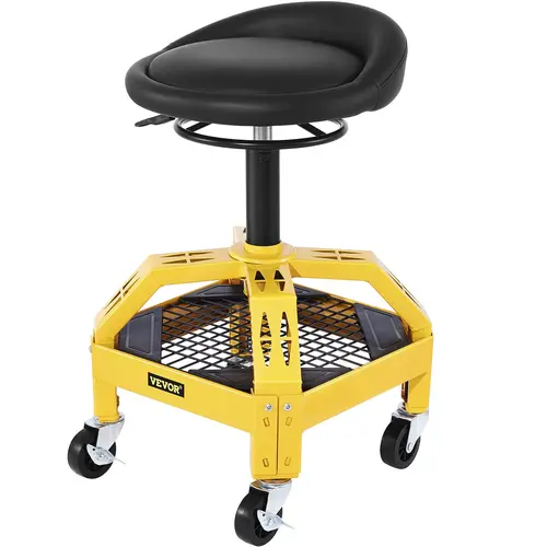 【toolupgrade】VEVOR Height Adjustable Garage Rolling Stool for Adults, 300LBS Capacity, 24in-28.7in Height Range, Leather Seat, 360-Degree Swivel Casters, Tool Tray for Workshop Auto Repair Shop, Steel Frame, Wipe With Damp Cloth