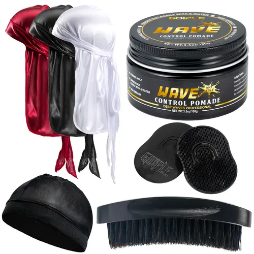 Goiple Men's 360 Wave Kit - Strong Hold Waves Pomade, Curved Brush, Du-rag Cap Set for Silky Anti-Frizz Haircare, Father's Gift