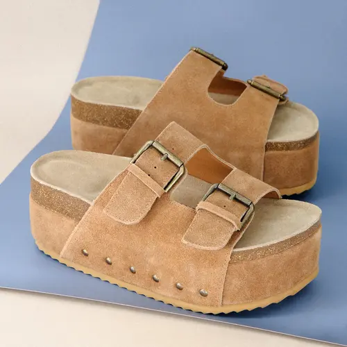 Cushionaire Guru Suede Platform Sandals For Women | Genuine Leather Studded Slide Sandals With Chunky Flatform Sole | Stylish Summer Sandals For Casual Outfits