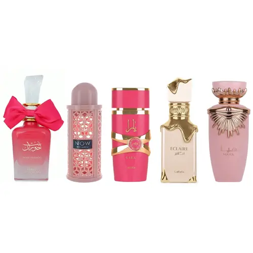 Lattafa Women's Arabian Fragrance Set - 5 Multi-Scent Floral Long Lasting Alcohol-Free Perfumes (BINT HOORAN ROSE PASSION, HAYA, Yara Candy, ECLAIRE, NOW Rave) Rose Vibrant Daily Wear (3.4-3.9 fl oz), Floral Scents