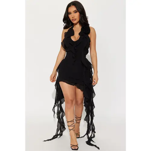 Ruffles and Roses Midi Dress - Black