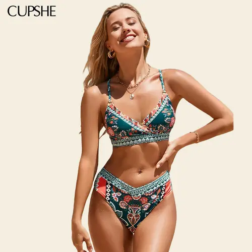 CUPSHE Women's Vintage Paisley 2 Piece Bikini Set, Adjustable Triangle Top, Overlap Cheeky Cut Bottoms, Summer Swimwear for Women, Summerfinds#SohoChic, Vintage Bathing Suits