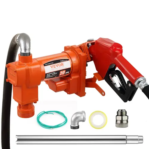 【toolupgrade】VEVOR 12V Fuel Transfer Pump Kit, 1/3 HP 20 GPM Cast Iron Pump with Auto Shut-Off Nozzle, Discharge Hose, Overheat Protection, 360° NPT Swivel & 90° Elbow Fitting for Gasoline, Kerosene