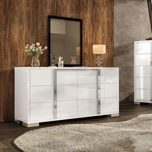 AMERLIFE 5-6 Drawers Modern Storage Dresser with Silver Grooved Handles, Easy Clean Gloss, Wide Tabletop Cabinet Bedroom Furniture, for Bedroom-Living Room, Christmas Gift Idea #SohoChic
