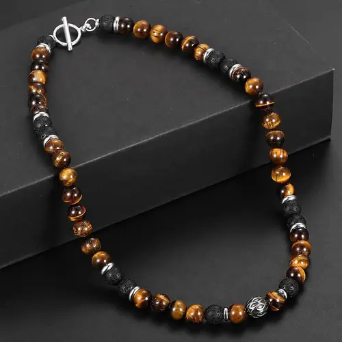 Men's 8mm Natural Tiger Eye & Lava Bead Beaded Chain Necklace - Stainless Steel Toggle Clasp, 18/20/24in, Black Onyx Accessory, Handmade, Natural Stone Pendant, Men's Jewelry, Mens Gifts, Christening/Wedding Bold Accent,sohochic