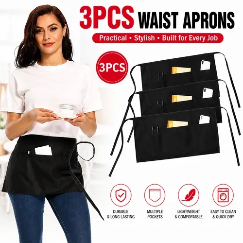 3-Pack Polyester Waist Aprons with Pockets - Adjustable Wide Straps, 3 Pockets, One Size, Soft Fabric Feels Gentle on Skin, Washable for Reuse, Machine Washable, Easy Care, All-Purpose Protective White Home Supplies for Waitress Servers, Kitchen Cooking