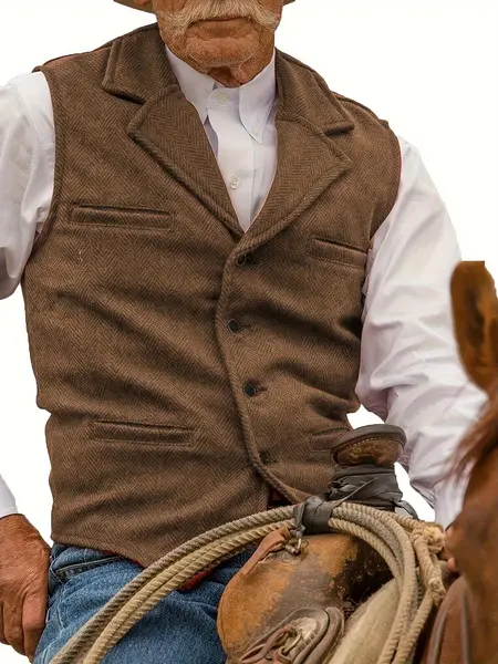 Men's Tweed Cowboy Vests Hunting Fishing Wool Herringbone Retro Elderly Aged Adult Men's Vintage Western Casual Business Vests