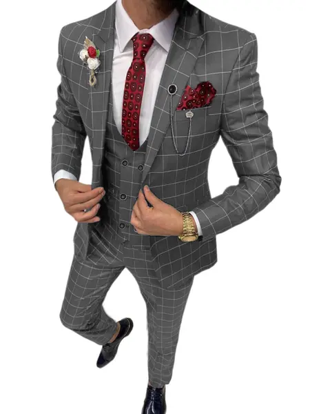 Men's Plaid Tuxedo Long Sleeve Suit - Double Breasted Three-Piece Set with Vest for Business, Casual, and Formal Events | Groom & Party Attire Elegant Menswear Classic