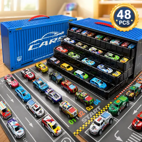 48-Pack Diecast Metal Toy Cars with Container Storage Case & Play Mat, Pull Back Mini Race Cars Playset with Multi-Layer Display Garage, Birthday Gift for Kids Boys Age 3-8