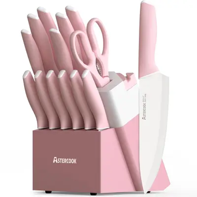 Astercook 15-Piece Modern Kitchen Knife Set - Rustproof High Carbon Stainless Steel Blade Kitchen Supplies with Hardwood Block, Sharpener, Chef, Bread, 7" Santoku Control, Steak Knives, Scratch-Resistant, Ideal Valentine’s Day Gift (Crystal Pink)