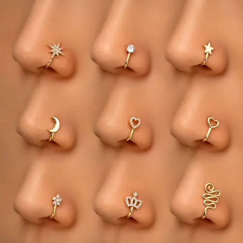 ARPURRAINA 9pcs Fashion Sparkle Fake Piercing Nose Rings Accessories - Copper & Stainless Steel Non-Piercing Clips (U-Shape, Star, Love, Crown, Cross) with Zirconia Rhinestones, Gold-Tone Punk Body Jewelry, Fashion Nose Rings,sohochic