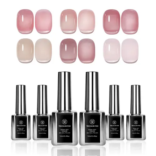 Tricolor Fish UV Light Gel Nail Polish Assortment Kit (12ml*6) - 6 Translucent Shades (Milky Pink, Pink Jelly Nude, Sheer Orange) for Salon Manicure & Home DIY, Nail Care Essentials