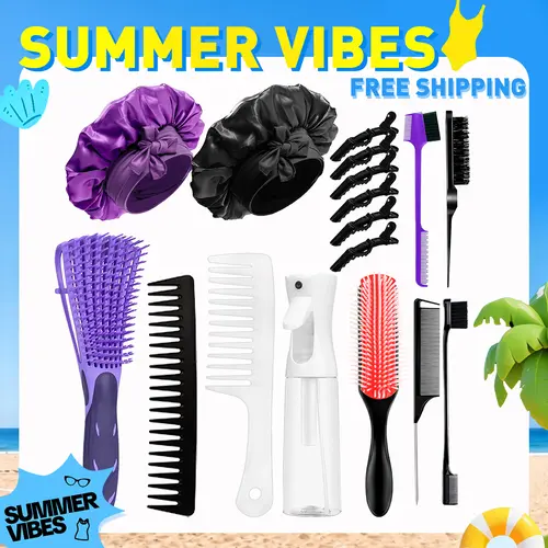 【SUMMER VIBES】17 Counts Hair Brush Set for Women Men Kids Detangler Brush Wide Tooth Comb Nylon Bristle 9-Row Brush Satin Bonnet  Styling Tools Purple Love At First Find