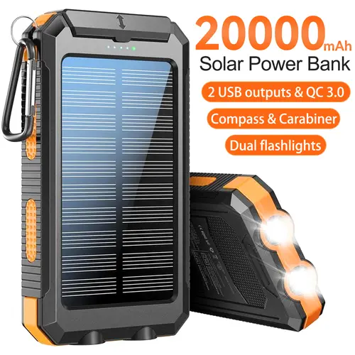 20000/30000mAh Solar Power Bank - Portable Solar Charger with Dual Outputs, Fast Charging, LED Flashlight, Compass, Carabiner Clip, Micro USB, USB Type-C, Fathersday Gift for Mobile Phones, Cameras & Devices, Outdoor Travel Gadget Accessory,sohochic