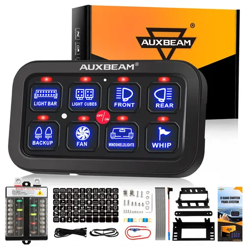 AUXBEAM Aluminum 1 Set of 8 Gang Blue LED Switch Panel with 60A Led Dimmer Switch, Relay System - 12-24V DC, 600W Max Power, 1200W at 24V, On-Off Control, Light Sensor, Multiple Brackets for Fit, Easy Installation for Automotive Users