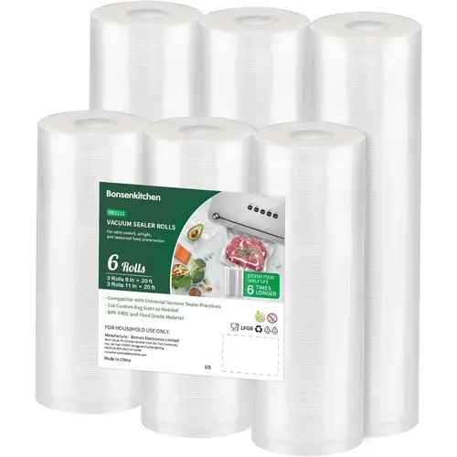 Bonsenkitchen Vacuum Sealer Rolls Bags, 6 Pack 3 Rolls 11" x 20' + 3 Rolls 8" x 20' Commercial Grade BPA Free Bag Rolls, Durable Customized Size Food Vac Bags for Storage and Sous Vide Cooking VB3211