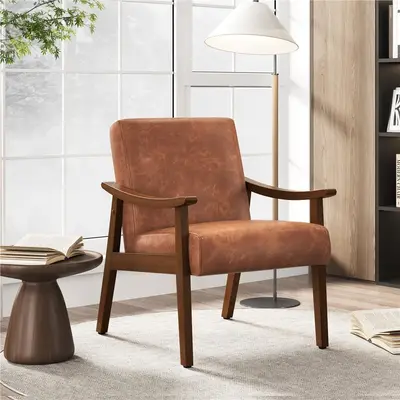Yaheetech Midcentury Modern Cushioned Decorative Chair - Solid Wood Legs, High Backrest Armchair for Bedroom Reading, Supportive Sitting Living Room Indoor Furniture