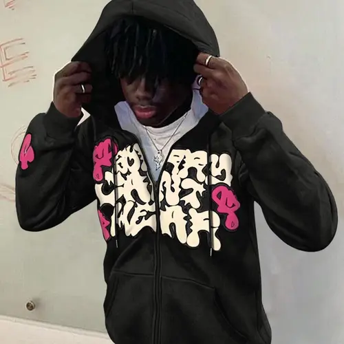 Men's Regular Fit Graphic Print Drop Shoulder Zip Up Hoodie, Fashion Casual Drawstring Pocket Plush Lined Hooded Sweatshirt for Daily Holiday Outdoor Wear, Men Clothes for Fall & Winter, Hooded Zipper Hoodie, Affirmation Zip Hoodie, Street Fashion Hoodie