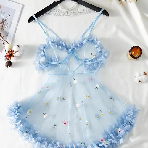 Women's Sexy Cute Feminine Homecoming Sleepwear Dress, Backless V-Neck Design, Floral Embroidery Ruffle Hem, Adjustable Spaghetti Straps, Semi-Sheer High Stretch Material